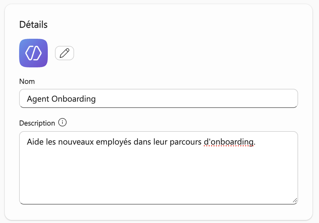 Champs Nom et Détails de l'agent