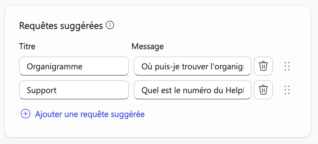 Prompts suggérés pour l'agent