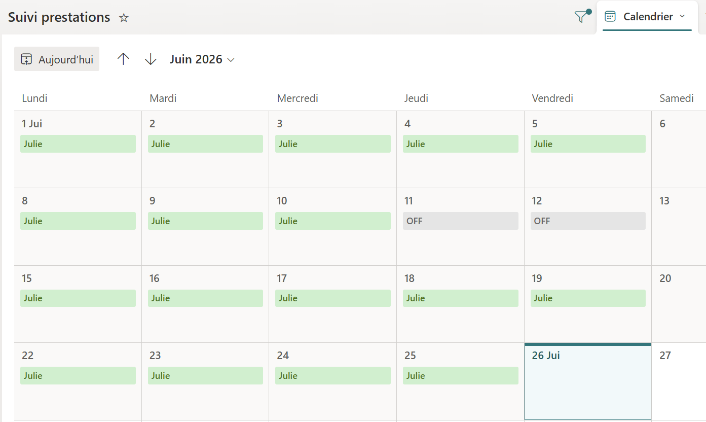 Vue calendrier SharePoint avec les événements d'activité quotidiens