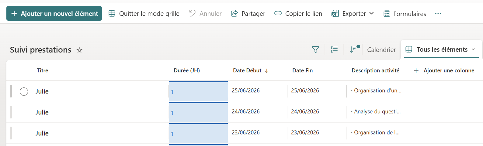 Vue liste du calendrier SharePoint, extractible en Excel